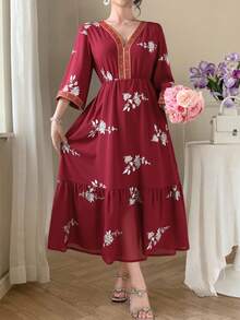 DAZY Women's Spring/Autumn Casual Vacation Style Floral Print Flared Sleeve Ribbon Decor Ruffle Hem Dress - Burgundy - View 5