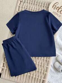 2 paquets Garçons bébé Style décontracté scolaire Confortable Mode simple Pratique Polyvalent Doux Confortable Respirant Manches courtes avec motif de lettres contrastées Convient pour le port quotidien, l'école, les sorties, les sports et le printemps/été - Bleu azur - Voir 2