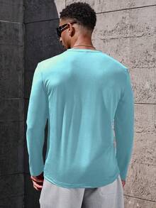 Manfinity Homme Men's Solid Color Round Neck Casual Versatile Long Sleeve T-Shirt, Spring/Summer - Baby Blue - View 2