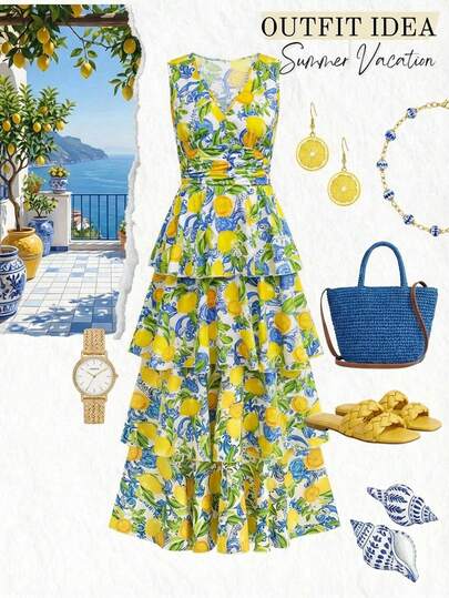 Ellevyn Vestido maxi elegante de gasa con estampado floral, cuello en V sin mangas, cintura fruncida, falda con volantes en capas, adecuado para uso diario, vacaciones, primavera/verano