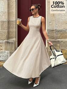 Siren Gaze 新款撞色滚边腰部A字连衣裙，女士春夏款 - 杏色 - 查看 5