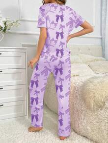 SHEIN Pink Butterfly Print Short Sleeve Pajama Set - Multicolor - View 2