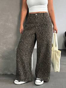 SHEIN ICON Y2K街头风休闲加大码豹纹宽松牛仔裤 - 彩色 - 查看 1