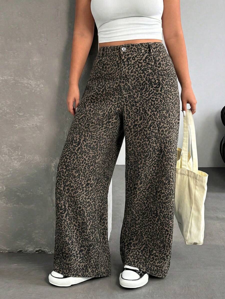 SHEIN ICON Y2K街头风休闲加大码豹纹宽松牛仔裤 - 彩色 - 查看 1