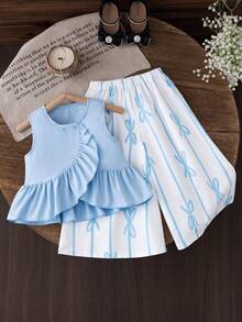 SHEIN 2 piezas Conjunto de chaleco con cuello de volantes azul y pantalones largos con estampado de moño para niña - Azul - Ver 2