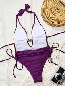 Swim SXY Solid Deep V Neck Twist Ruched Metal Decor Casual Beach Swimsuit For Women - Purple - View 2