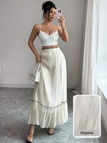 Modelyn A-Line Elastic Waist Ruffle Hem Patchwork Skirt - Apricot - View 6