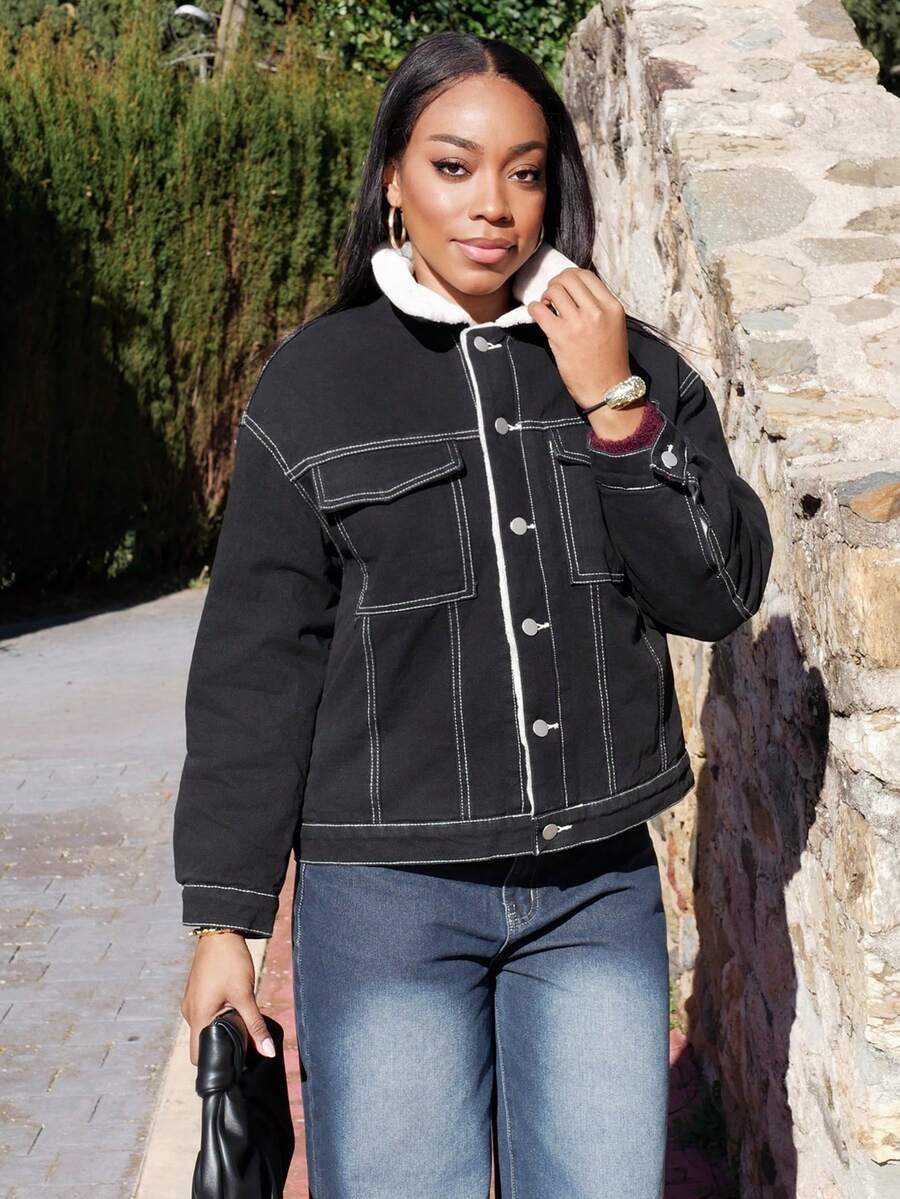 Yess Loren 女式前扣长袖休闲保暖牛仔夹克 Old Money 风格，保暖内衬秋冬 - 黑色 - 查看 1