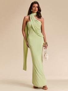 SHEIN BAE Đầm xanh lá cây trơn, vai lệch, buộc dây, dành cho nữ, đầm xanh lá cây, đầm thanh lịch, đầm đi nghỉ mát, đầm ngắn cho phù dâu, đầm đi học/tốt nghiệp. - màu xanh lá - Xem 6