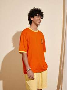 Felipe Marques Men's Animal & Plant Print Short Sleeve Loose T-Shirt, Orange & Yellow, Casual For Spring, Summer, Vacation, Party, Beach - Orange - View 3