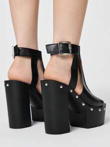 ROMWE Grunge Punk Women's Thick Sole Zipper Design High Heel Fashion Sandals Valentine's Day - Black - View 5