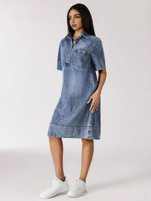 Flexra Women's Summer Polo Collar Short Sleeve Straight Loose Casual Denim Dress - Blue - View 4