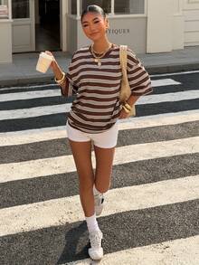 Muchica Women's Brown Striped Loose Fit Short Sleeve T-Shirt, Summer New Arrival - Brown - View 6