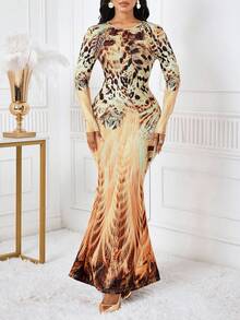 SHEIN Lady 女式优雅动物印花鱼尾下摆连衣裙，秋季 - 彩色 - 查看 5