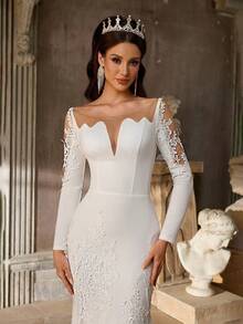 Aureia Elegant Luxurious Elastic Knit Applique Contrast Lace Mermaid Tail Skirt With Train, Suitable For Wedding, Party, Vacation, Ball Gown - White - View 2