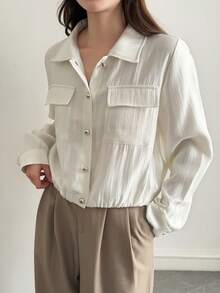 DAZY Women's Casual Spring Collared White Shirt With Large Pockets Summer - White - View 4