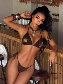 Glamine SHEIN Glamour 女士夏季沙滩阳光图案露背系带性感比基尼泳装套装棕色泳衣女士比基尼套装度假沙滩套装女士棕色比基尼套装棕色泳装 - 彩色 - 查看 6