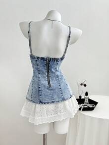 Elamini Fashionable Camisole Top With Bowknot Tie-Up Washed Denim - Light Wash - View 2