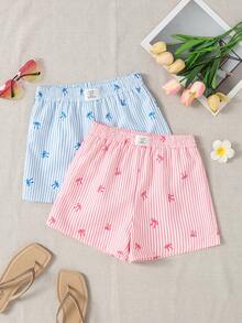 Sparklyn 少女字母条纹蝴蝶结印花休闲短裤 - 彩色 - 查看 1