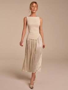 COSMINA 无袖不对称下摆百褶裙套装，优雅女士两件套，针织弹力面料上衣，时尚套装，适合办公室、日常穿着，杏色，夏季 - 杏色 - 查看 1