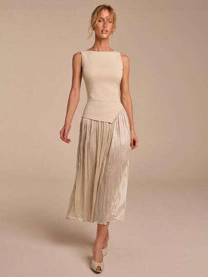 COSMINA Women's Elegant Beige Summer 2-Piece Set,Sleeveless Asymmetrical Hem Knitted Stretchy Top & Pleated Skirt Set,Stylish Tea Party Outfit For Office