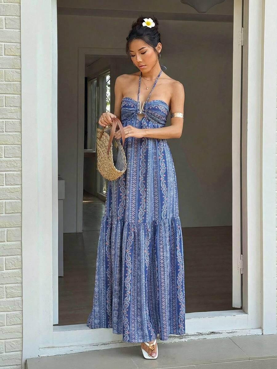 Sunnyshic Đầm maxi in họa tiết tối giản dành cho nữ, thích hợp mặc hàng ngày. - Blue Day - Xem 1