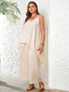 EMERY ROSE Women's Plus Size White Summer Smart Casual Vacation Outfit Sets,Solid Color Camisole & Pants 2 Pieces Set,Beach Peplum Spring Country Concert Outfit - Apricot - View 6