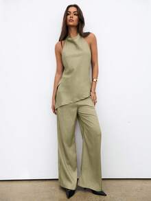 Aloruh Women's Faux Linen Lapel Neck Sleeveless Top And Pants Set, Commuting Style - Green - View 2