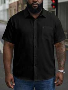 Manfinity Homme Plus Size Men Solid Color Pocket Single-Breasted Short Sleeve Casual Shirt - Black - View 2