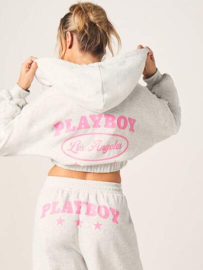 Missguided x Playboy 洛杉矶超大款短款全拉链连帽衫，带抽绳和粉色图案，休闲家居服