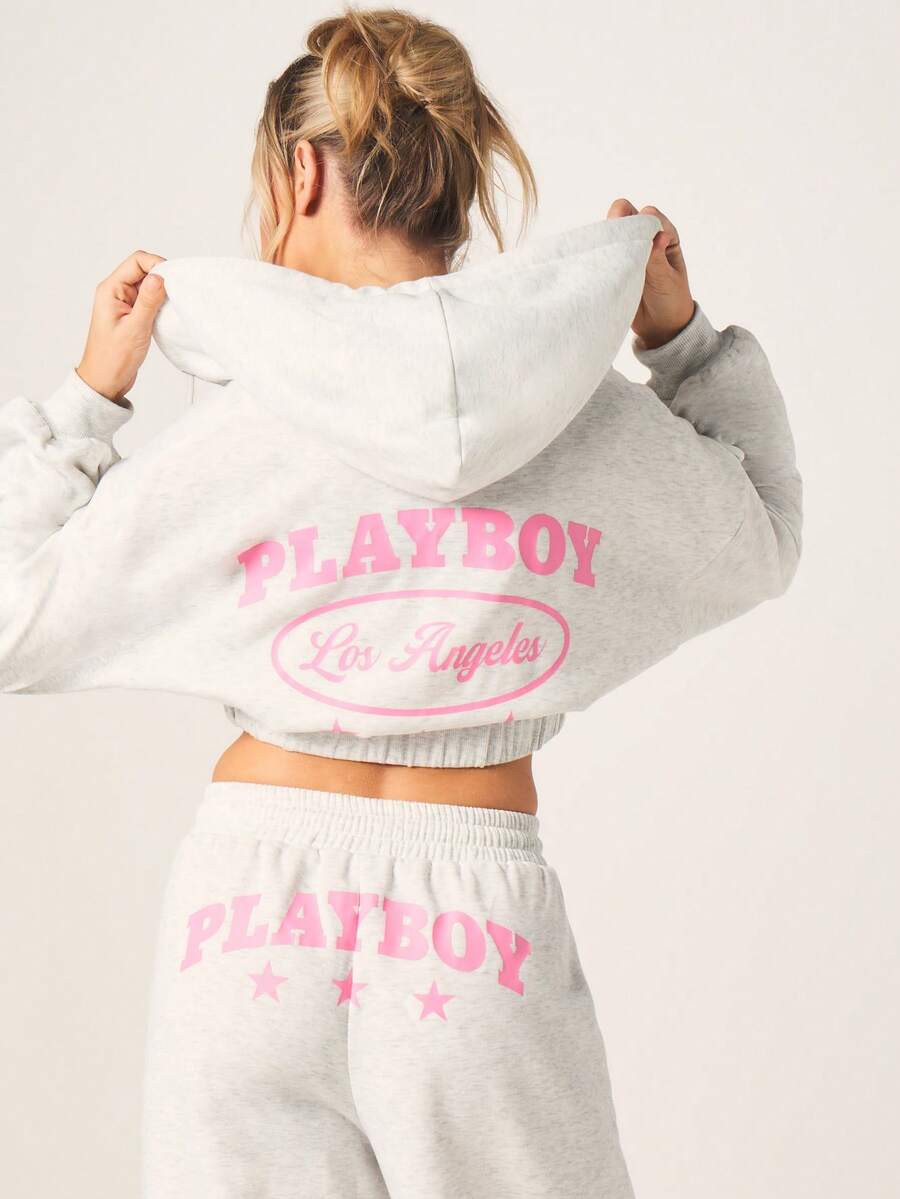 Missguided x Playboy 洛杉矶超大款短款全拉链连帽衫，带抽绳和粉色图案，休闲家居服 - 淺灰色 - 查看 1
