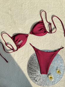 Swim Vcay 2026春夏可调节细肩带酒红色侧系带比基尼两件式泳衣 - 酒紅色 - 查看 2