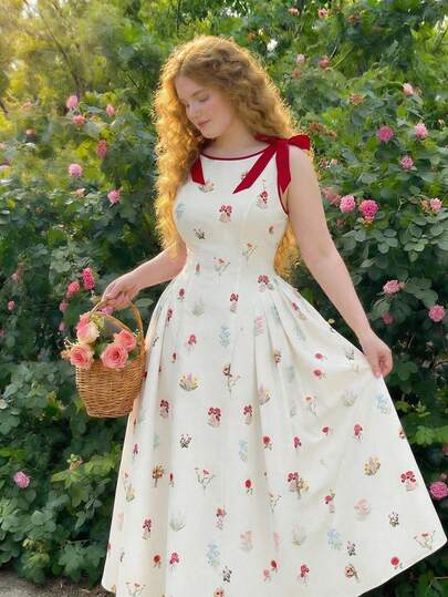 SHEIN MOD Plus Size Women Floral Print Bow Decor Round Neck Sleeveless Fashion Dress White Cotton Blend Floral Print Midi Dress Red Tie Shoulder Straps Sleeveless A Line Silhouette Vintage Style Spring Summer Garden Outdoor Casual Daywear Soft Breathable Fabric