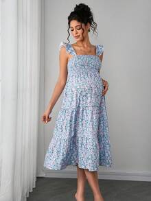 Momance Maternity Sleeveless Square Neck Ruffle Hem Casual Bohemian Midi Dress, Suitable For Baby Shower Photo Shoot - Multicolor - View 6