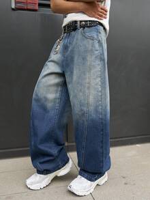 EVRINFINITE 男士休闲宽松破洞喇叭蓝色牛仔裤 - 深色水洗藍 - 查看 3