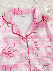 Girls Butterfly Striped Print Satin Trim Contrast Color Short Sleeve Shorts Cardigan Pajama Set, Fashion Lapel Casual Loungewear - Multicolor - View 3