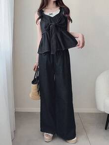 FRIFUL Women's Casual Denim Set With Knotted Design Blouse And Wide Leg Pants - Dark Grey - View 5