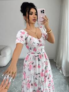 SHEIN Elenzya 女士玫瑰图案露肩/常规肩两穿设计收腰A字优雅日常/度假通勤时尚约会法式街头复古假日百搭早春/春夏白色底粉色花卉印花新款长裙 - 彩色 - 查看 5