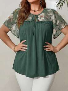 Miaspire Plus Size Women'S Floral Print Tie-Down Black Top For Spring, Summer Tops - Green - View 4