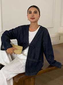 Livesso Women's Lace-Up Loose Denim Jacket, Autumn - Blue - View 4