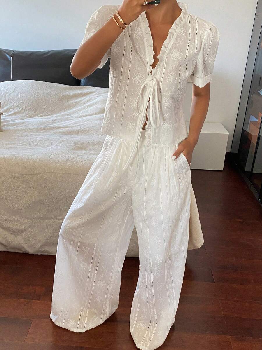 DAZY Women's Embroidered Petal Sleeve Tie Front Blouse And Wide Leg Pants 2 Pieces Set, Vacation Style, Spring/Summer/Autumn - White - View 1