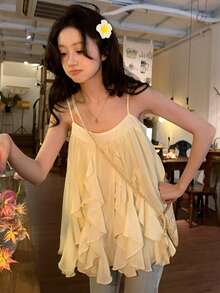 DAZY Women's Solid Color Chiffon Ruffle Trim Casual Vacation Summer Camisole - Yellow - View 7