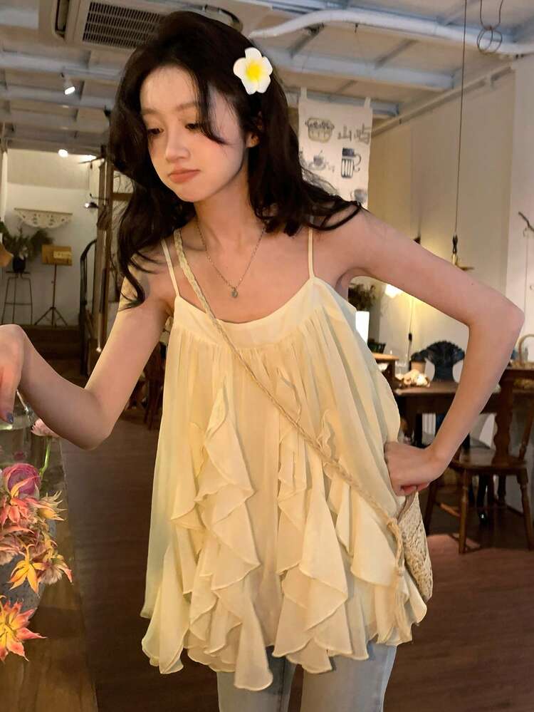Women's Solid Color Chiffon Ruffle Trim Casual Vacation Summer Camisole