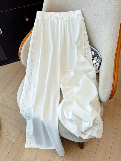 GlowEve CURVE Plus Size Women Elegant Solid Color Lace Patchwork Hollow Out Loose Wide Leg Pants