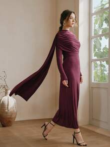 Anewsta Elegant Fitted Ruched Turtleneck Evening Dress - Burgundy - View 5