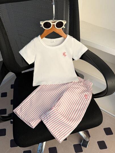 SHEIN 2pcs Infant Girl Summer Fashionable Minimalist Street Style White Short Sleeve T-Shirt With Black Embroidered Decor And Apricot Striped Pants Set, Suitable For Daily School Wear