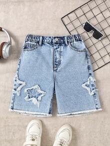 Tween Boys' Y2K Retro Denim Shorts,Star Embroidery Frayed Hem Light Blue Summer Casual Denim Shorts,College Streetwear For City Break,School,Commute - Medium Wash - View 3