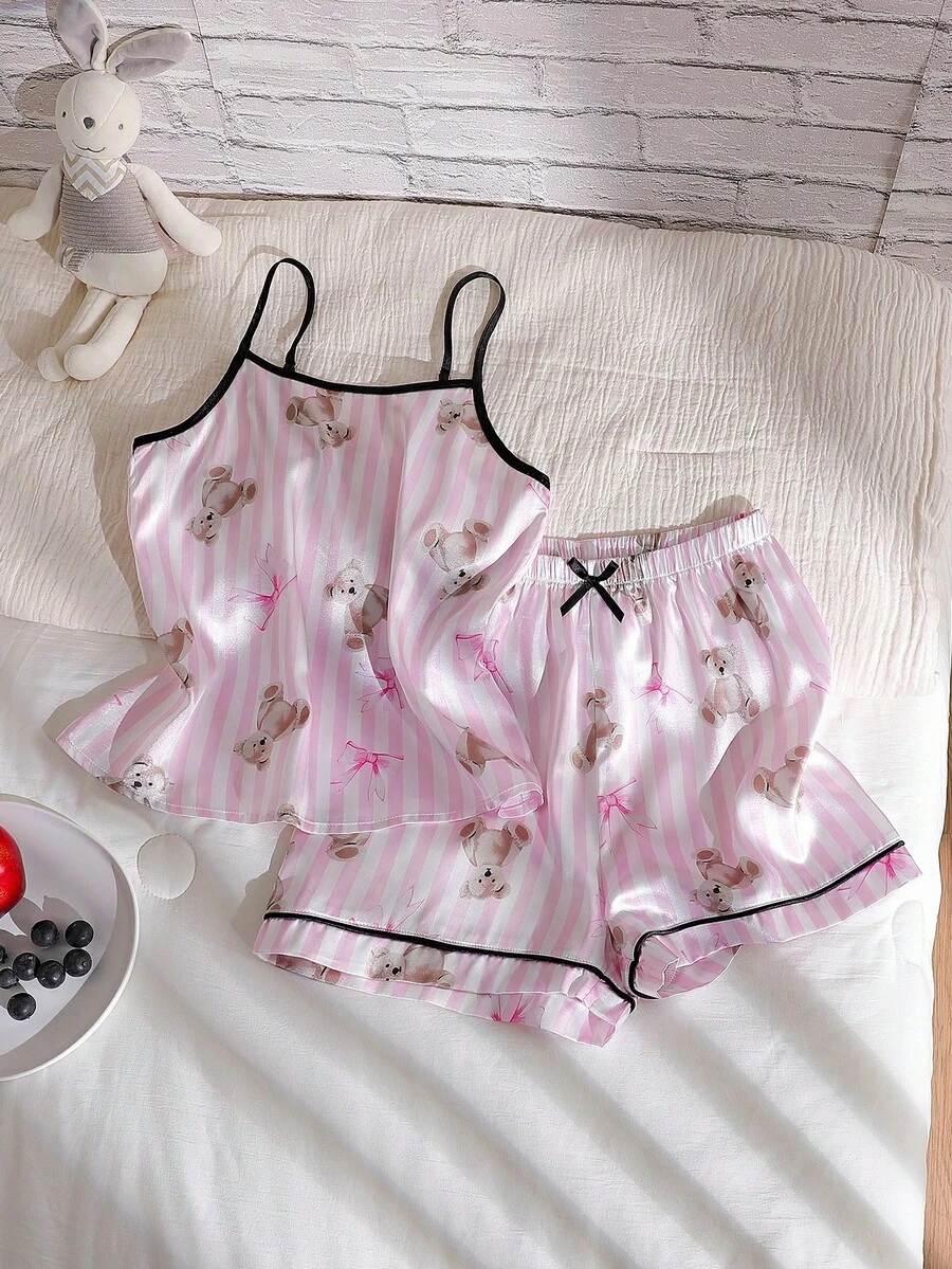 女童条纹小熊印花仿丝吊带背心和短裤两件套睡衣套装 - 彩色 - 查看 1