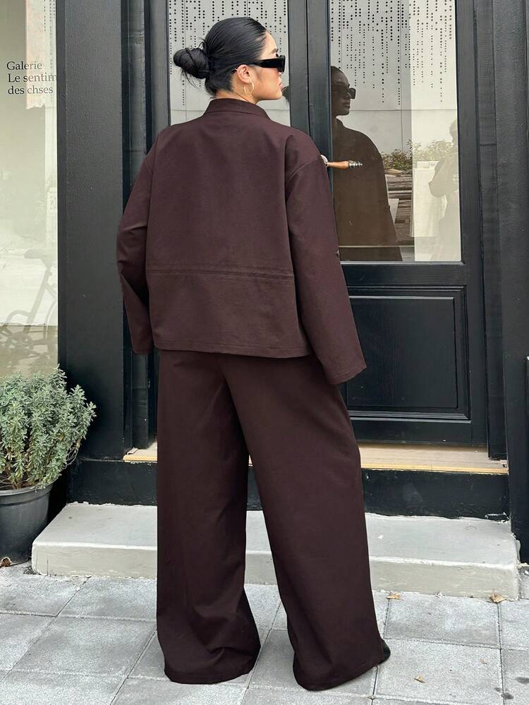 Dazy Plus Plus Size Solid Color Drop Shoulder Long Sleeve Zip-Up Drawstring Waist Casual Fashionable 2-Piece Set Lounge Sets For Women