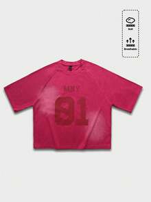 ROMWE MEN 男士圆领字母数字印花休闲百搭日常短袖T恤 - 洋紅色 - 查看 1